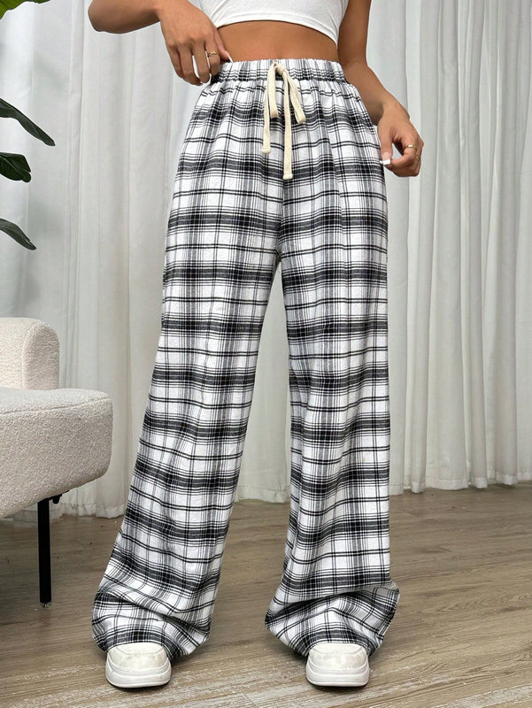 Essnce pantalones rectos y holgados con cintura de cordon a cuadros para mujer