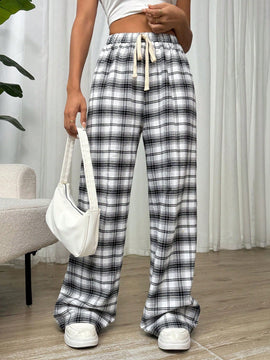 Essnce pantalones rectos y holgados con cintura de cordon a cuadros para mujer