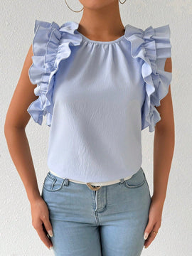Essnce Top sencillo de cuello redondo con dobladillo acampanado en unicolor para primavera y verano