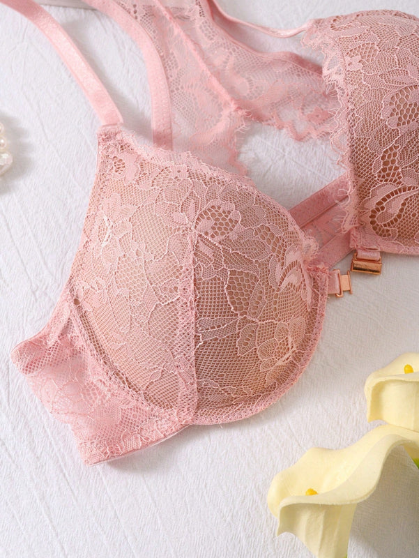 Sencillo sosten de encaje floral solido, comodo y transpirable con hebilla frontal, lenceria y ropa interior para mujeres