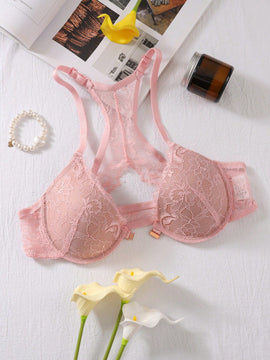 Sencillo sosten de encaje floral solido, comodo y transpirable con hebilla frontal, lenceria y ropa interior para mujeres