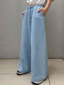 FRIFUL Pantalones Jeans de mujer casuales y sueltos de pierna ancha con cintura elastica y bolsillo para uso diario