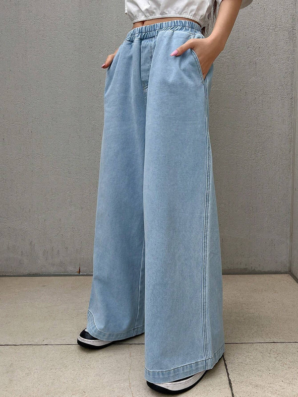 FRIFUL Pantalones Jeans de mujer casuales y sueltos de pierna ancha con cintura elastica y bolsillo para uso diario