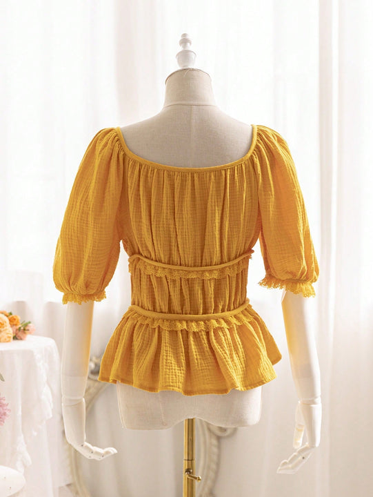 WYWH Camisa de encaje de manga corta con cordones y mangas cortas para mujeres en vacaciones y tiempo libre