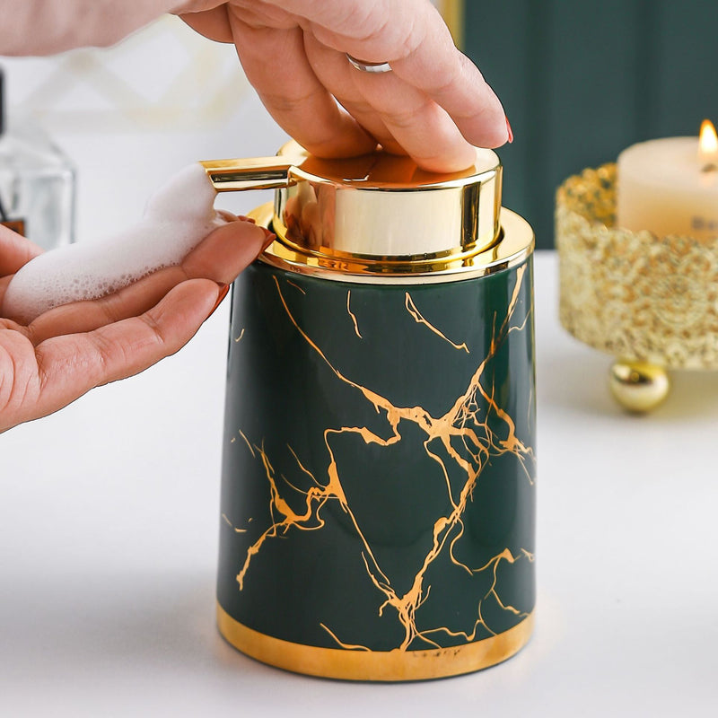 1pc Dispensador de Jabón Cerámico de Lujo con Detalles Dorados y Patrón de Mármol - Dispensador de Jabón para Manos sin Ftalatos, Diseño Independiente No Eléctrico para Baños Modernos, Material Libre de Ftalatos