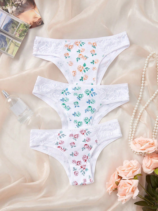 Ropa interior femenina estilo japones con estampado floral, calzoncillos de encaje empalmados con estampado de alta calidad