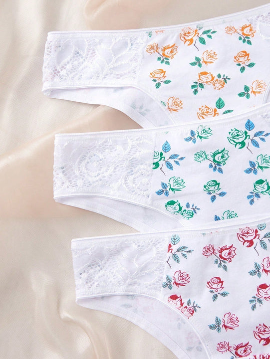 Ropa interior femenina estilo japones con estampado floral, calzoncillos de encaje empalmados con estampado de alta calidad