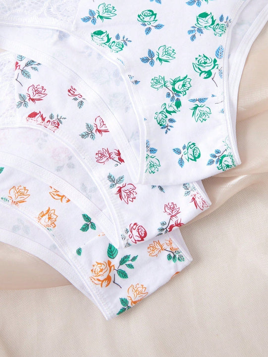 Ropa interior femenina estilo japones con estampado floral, calzoncillos de encaje empalmados con estampado de alta calidad