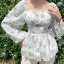 Modely Camisa de manga abullonada con cintura plisada y detalles de pequenas flores para vacaciones y ocio de mujeres