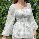 Modely Camisa de manga abullonada con cintura plisada y detalles de pequenas flores para vacaciones y ocio de mujeres