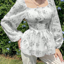 Modely Camisa de manga abullonada con cintura plisada y detalles de pequenas flores para vacaciones y ocio de mujeres