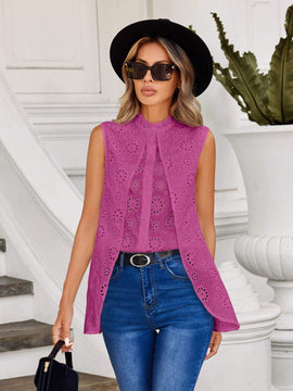 Camisa sin mangas con cuello alto de unicolor bordado y con diseno calado en el dobladillo asimetrico para el verano