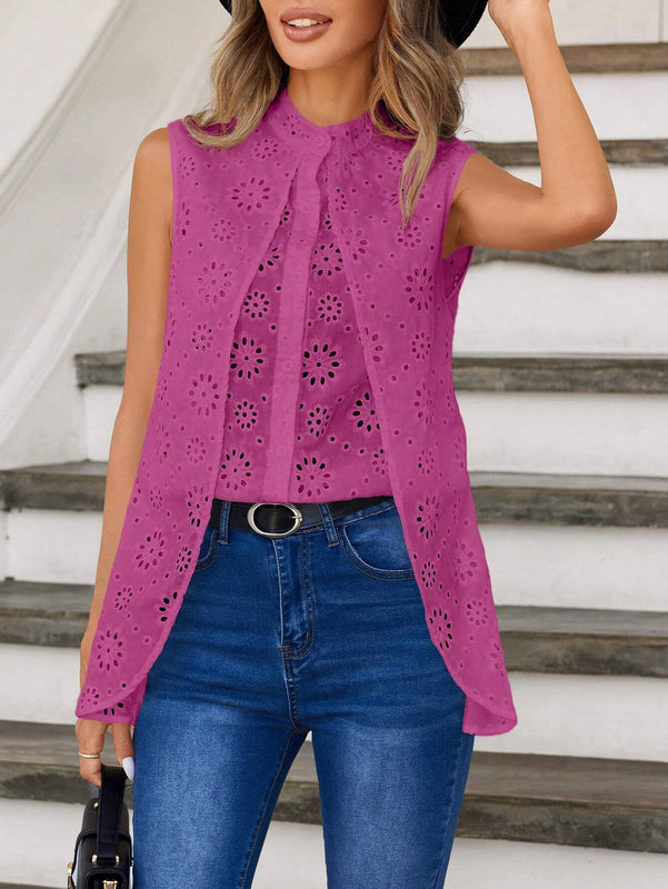 Camisa sin mangas con cuello alto de unicolor bordado y con diseno calado en el dobladillo asimetrico para el verano