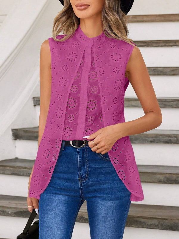 Camisa sin mangas con cuello alto de unicolor bordado y con diseno calado en el dobladillo asimetrico para el verano