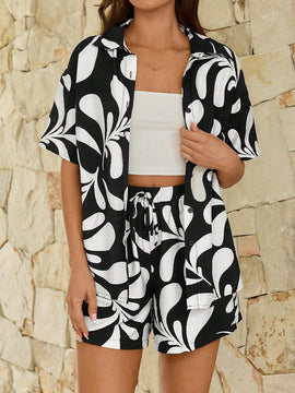 VCAY Camisa de mujer elegante y con estilo para vacaciones impresa en negro y blanco