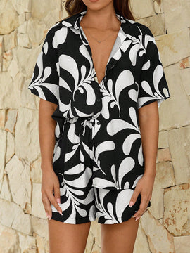 VCAY Camisa de mujer elegante y con estilo para vacaciones impresa en negro y blanco