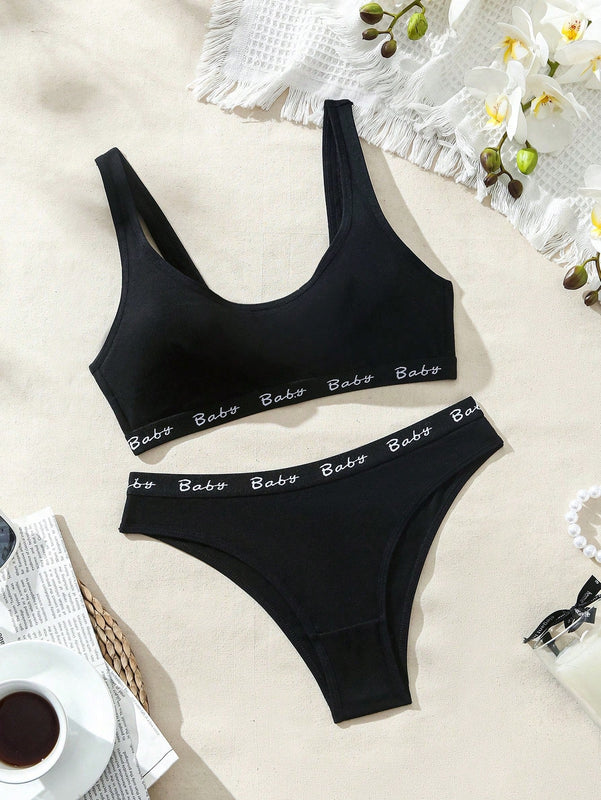Conjunto De Sujetador Y Bragas Con Estampado De Letras Y Correa Tejida Para Mujeres