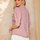 Clasi Camisa rosa de mujer con perlas, decoraciones de diamantes de imitacion y apliques, manga abultada y abertura en la parte delantera