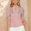 Clasi Camisa rosa de mujer con perlas, decoraciones de diamantes de imitacion y apliques, manga abultada y abertura en la parte delantera