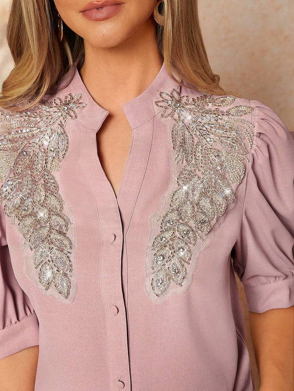 Clasi Camisa rosa de mujer con perlas, decoraciones de diamantes de imitacion y apliques, manga abultada y abertura en la parte delantera