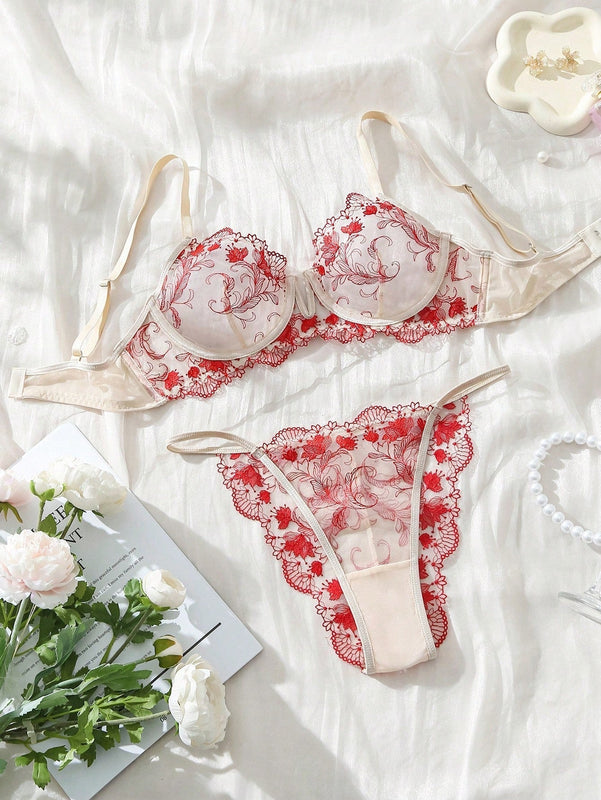 Conjunto De Lenceria Sexy De Encaje Rojo Para Mujer