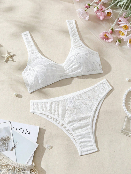 Conjunto De Lenceria De Encaje De Un Solo Color Para Mujeres