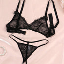 Conjunto de lenceria sexy para mujeres con encaje transparente, conjunto de bralette y panty de encaje floral traslucido