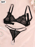 Conjunto de lenceria sexy para mujeres con encaje transparente, conjunto de bralette y panty de encaje floral traslucido