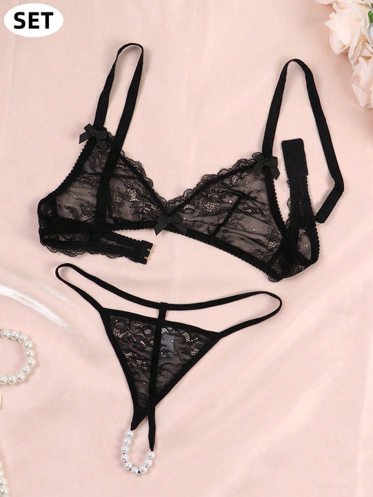 Conjunto de lenceria sexy para mujeres con encaje transparente, conjunto de bralette y panty de encaje floral traslucido