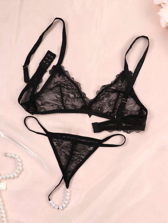 Conjunto de lenceria sexy para mujeres con encaje transparente, conjunto de bralette y panty de encaje floral traslucido