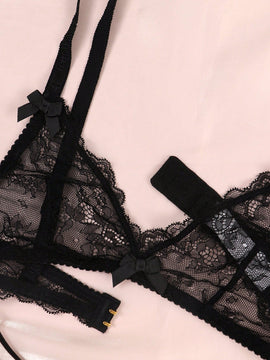 Conjunto de lenceria sexy para mujeres con encaje transparente, conjunto de bralette y panty de encaje floral traslucido
