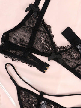 Conjunto de lenceria sexy para mujeres con encaje transparente, conjunto de bralette y panty de encaje floral traslucido