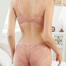 Conjunto de sujetador y bragas sexy para mujer con encaje transparente, sujetador ultra delgado y sin relleno invisible para bustos grandes con efecto de copa pequena.