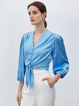 BIZwear Camisa elegante para el trabajo de mujer en azul con lazo