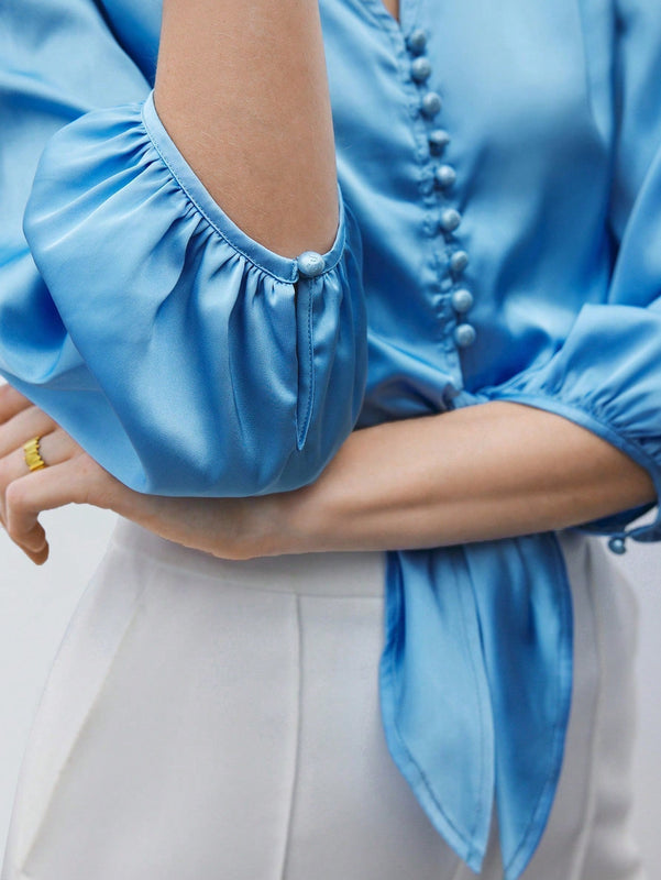 BIZwear Camisa elegante para el trabajo de mujer en azul con lazo