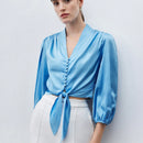 BIZwear Camisa elegante para el trabajo de mujer en azul con lazo
