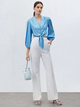 BIZwear Camisa elegante para el trabajo de mujer en azul con lazo