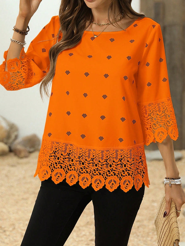 Clasi Blusa de verano para mujer con mangas 3/4 y detalles de encaje