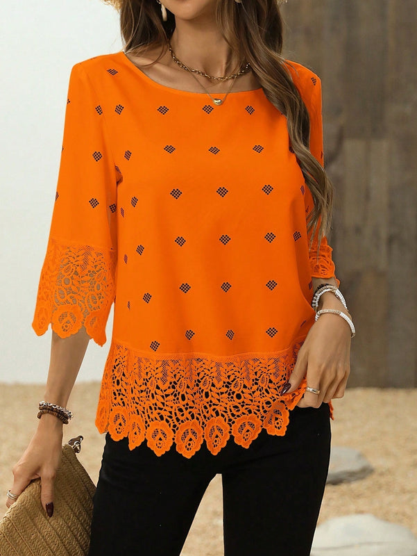 Clasi Blusa de verano para mujer con mangas 3/4 y detalles de encaje