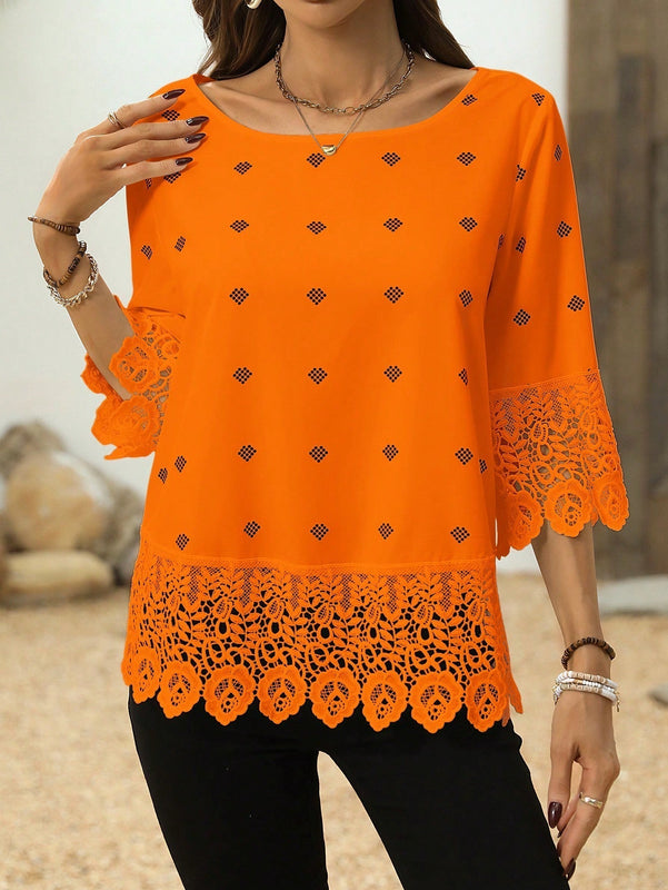 Clasi Blusa de verano para mujer con mangas 3/4 y detalles de encaje