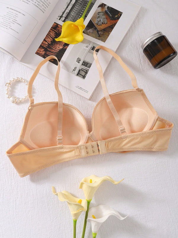 Sujetador solido con fruncido, sujetador simple y comodo con aros push-up, lenceria y ropa interior para mujer