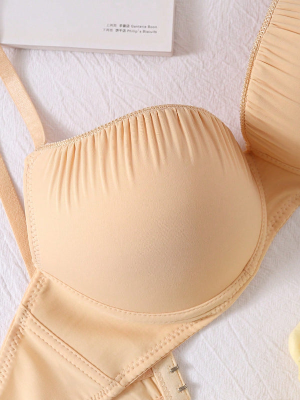 Sujetador solido con fruncido, sujetador simple y comodo con aros push-up, lenceria y ropa interior para mujer