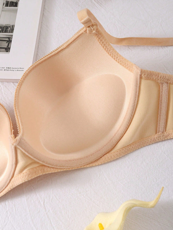 Sujetador solido con fruncido, sujetador simple y comodo con aros push-up, lenceria y ropa interior para mujer