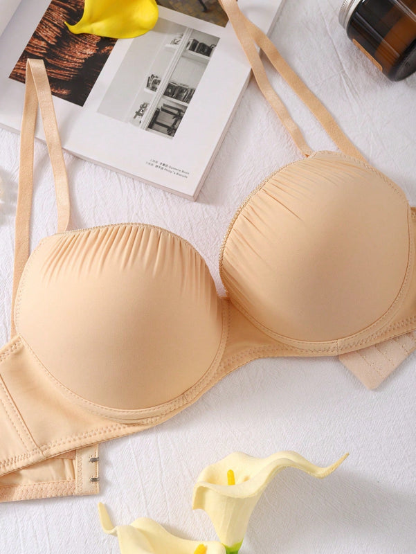 Sujetador solido con fruncido, sujetador simple y comodo con aros push-up, lenceria y ropa interior para mujer