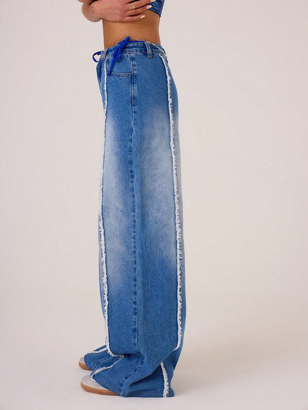 MUSERA Jeans de pierna ancha con costuras desgastadas en tela de mezclilla