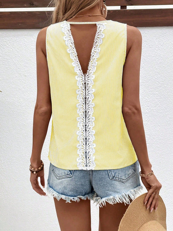 LUNE Blusa sin mangas de encaje con parche para mujer, muy a la moda