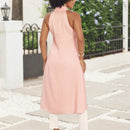 Lady Top largo de tunica solido de color veraniego para mujer con cuello alto, abertura alta y lazo de mono