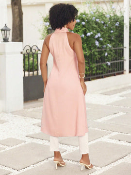Lady Top largo de tunica solido de color veraniego para mujer con cuello alto, abertura alta y lazo de mono