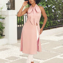 Lady Top largo de tunica solido de color veraniego para mujer con cuello alto, abertura alta y lazo de mono