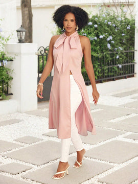 Lady Top largo de tunica solido de color veraniego para mujer con cuello alto, abertura alta y lazo de mono